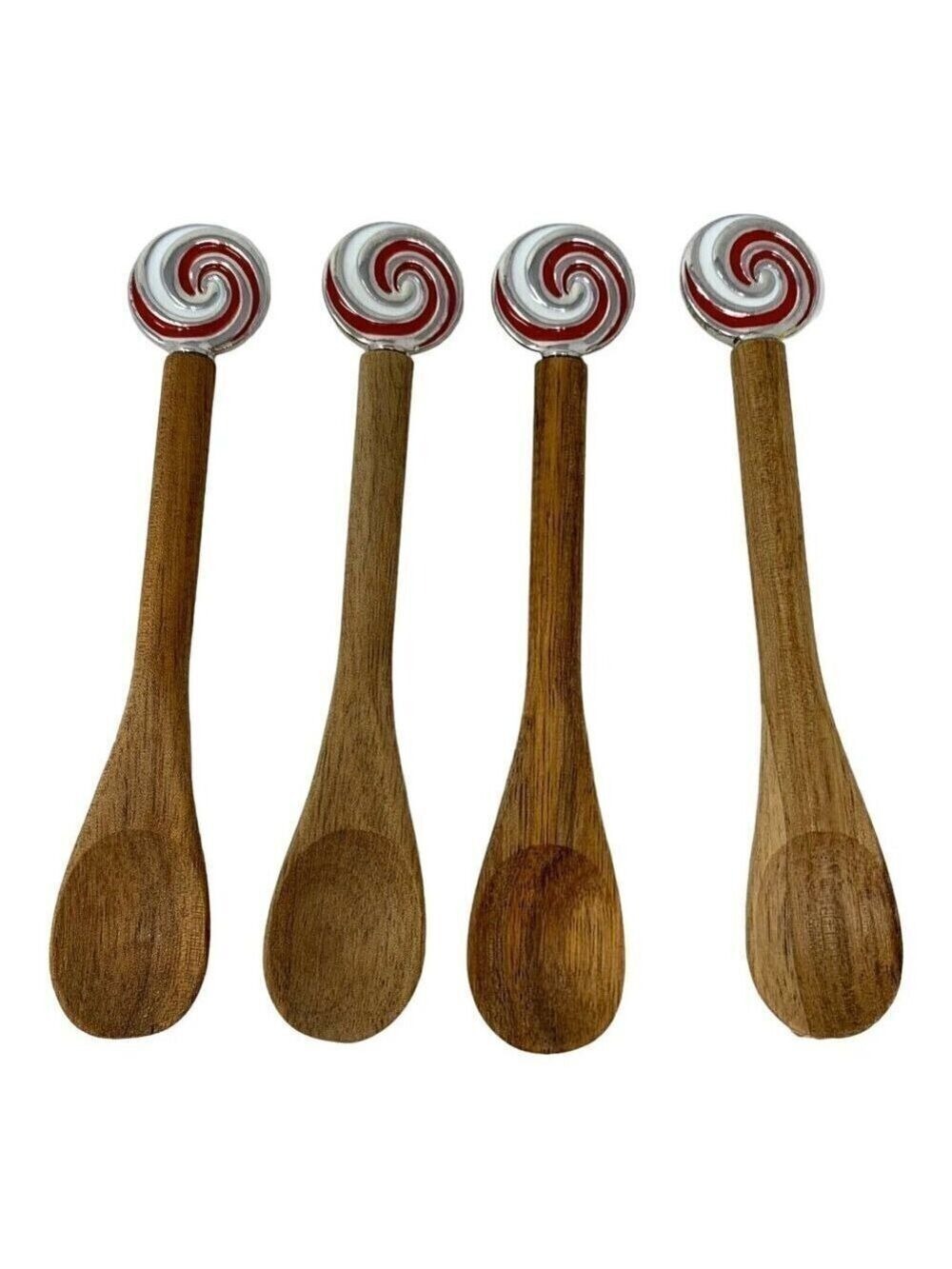 Christmas Peppermint Mini Spoons Set 4 Wooden Decor Ornament Candyland Swirl Red